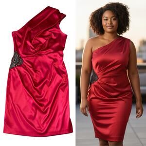 Eliza J Sheath Dress Red Satin One Shoulder Ruched